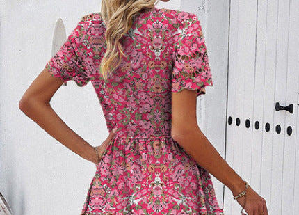 Digital Printed Waist-controlled V-neck Dress