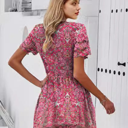 Digital Printed Waist-controlled V-neck Dress