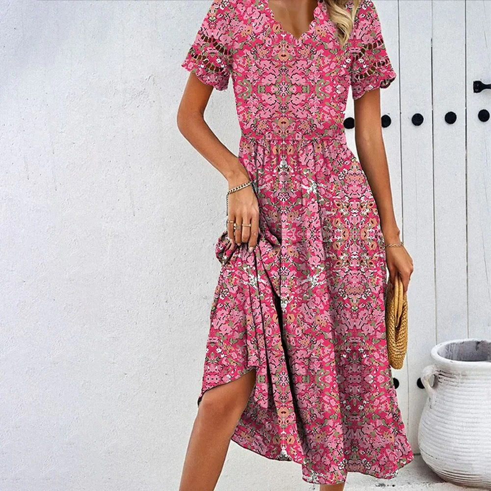 Digital Printed Waist-controlled V-neck Dress