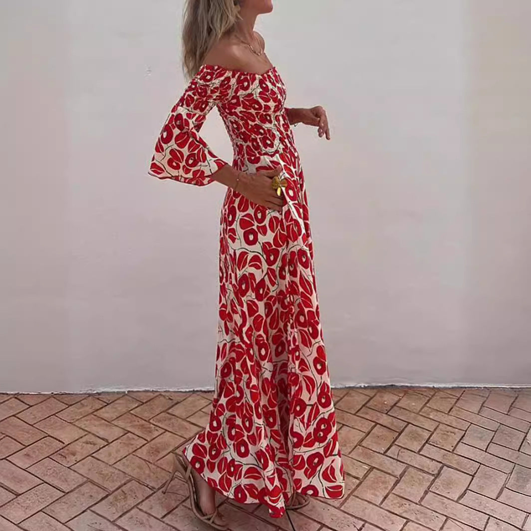 Floral Pleated Off-the-shoulder Pocket Long Dress