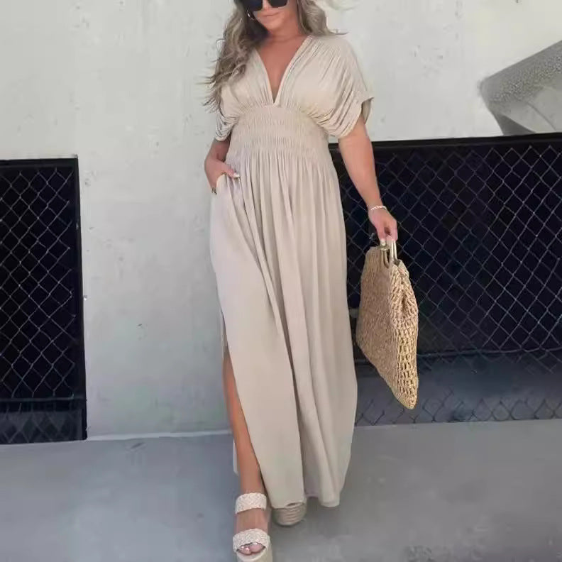 Fashion Bat-sleeved V-neck Slit Dress Summer Short Sleeve Elastic Waist Long Dresses Womens Clothing