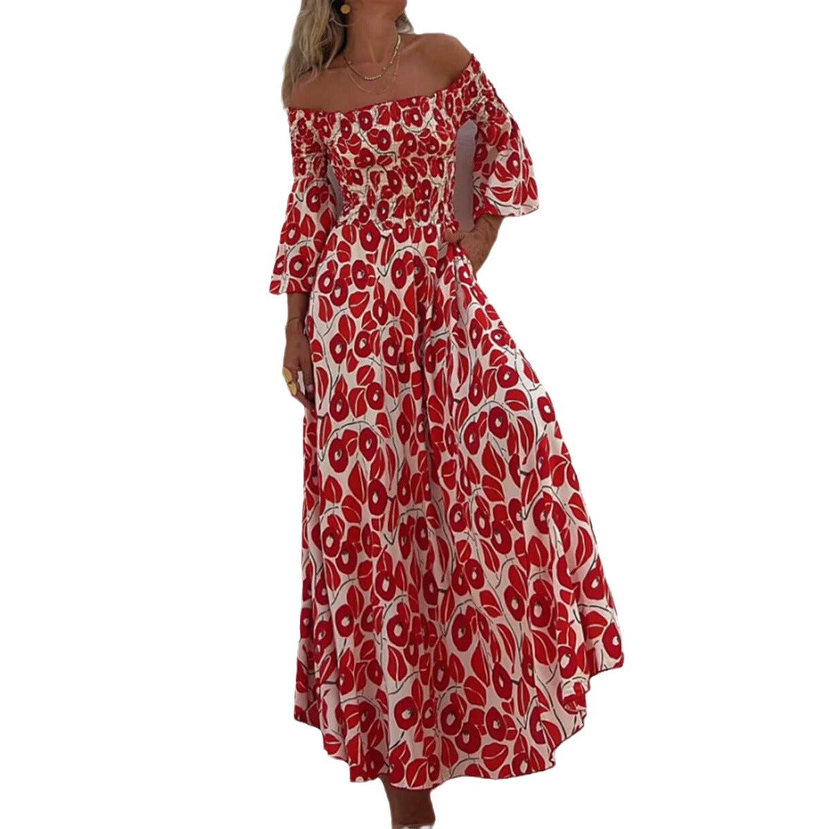 Floral Pleated Off-the-shoulder Pocket Long Dress