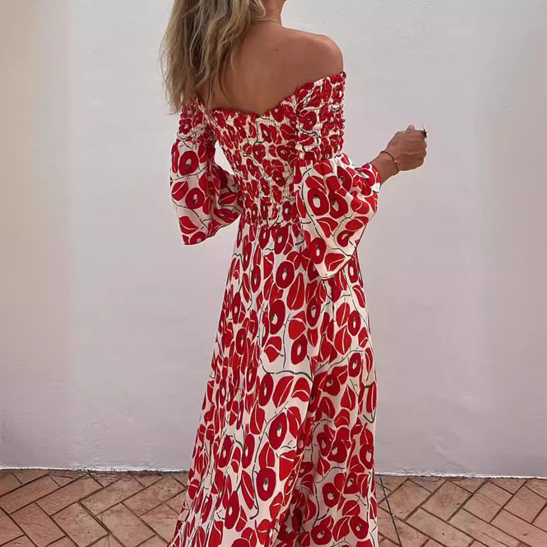 Floral Pleated Off-the-shoulder Pocket Long Dress