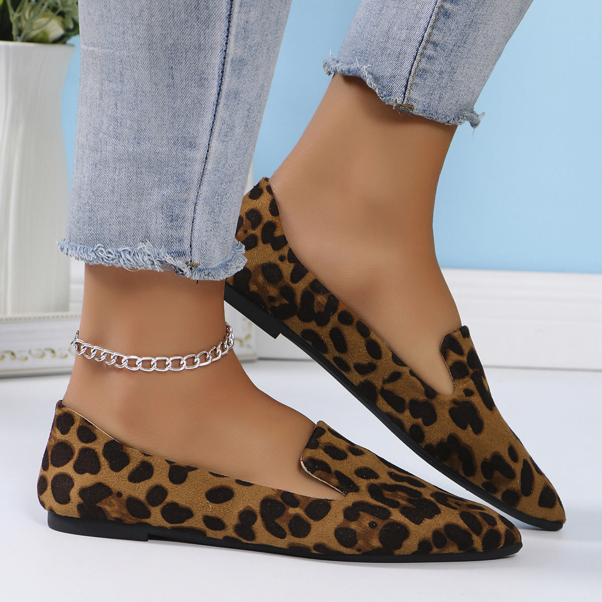 Leopard Print Shallow Mouth Pointed Flat Shoes Casual