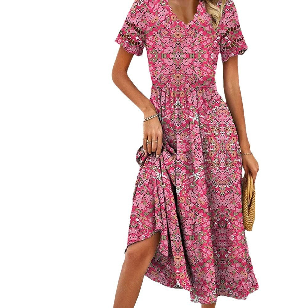 Digital Printed Waist-controlled V-neck Dress